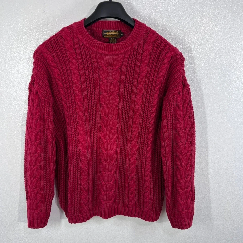 Eddie Bauer Red Cable Knit Sweater Mens L Vintage Hong Kong 100% Cotton‎ Chunky - Picture 2 of 7